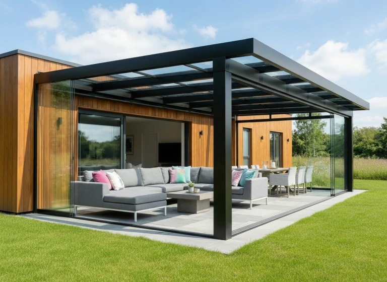 Moderní prosklená pergola s černou hliníkovou konstrukcí a šedým zahradním nábytkem na terase u dřevěného domu.